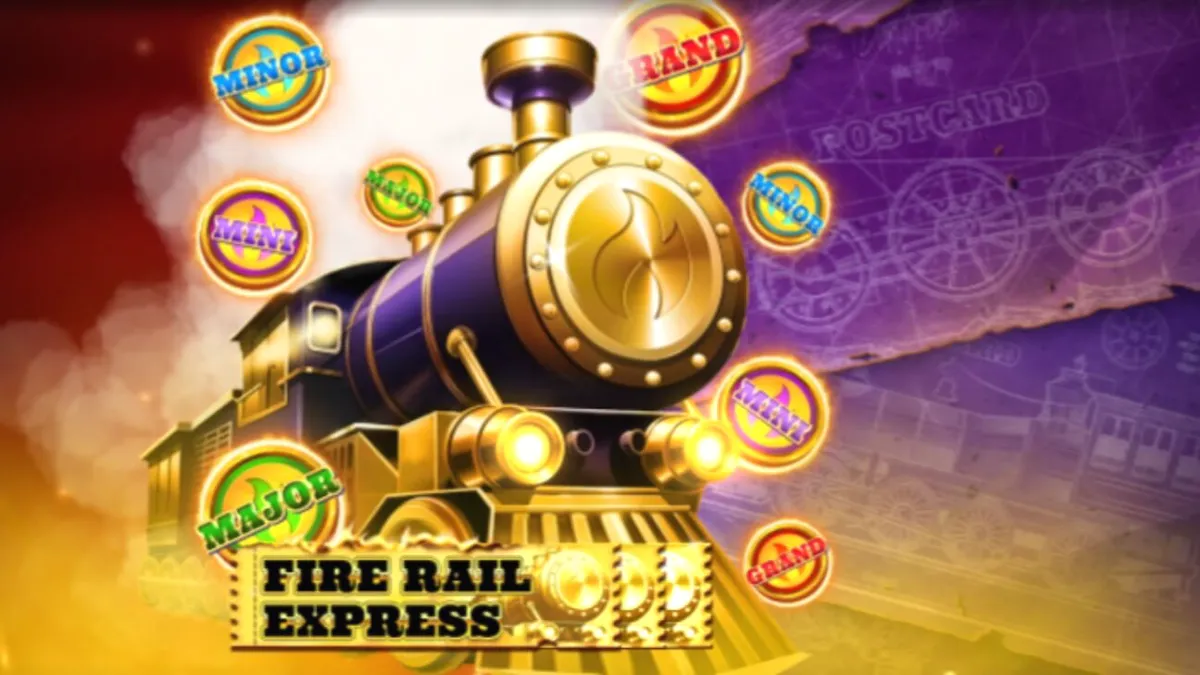 Interface do slot Fire Rail Express com tema de trem industrial